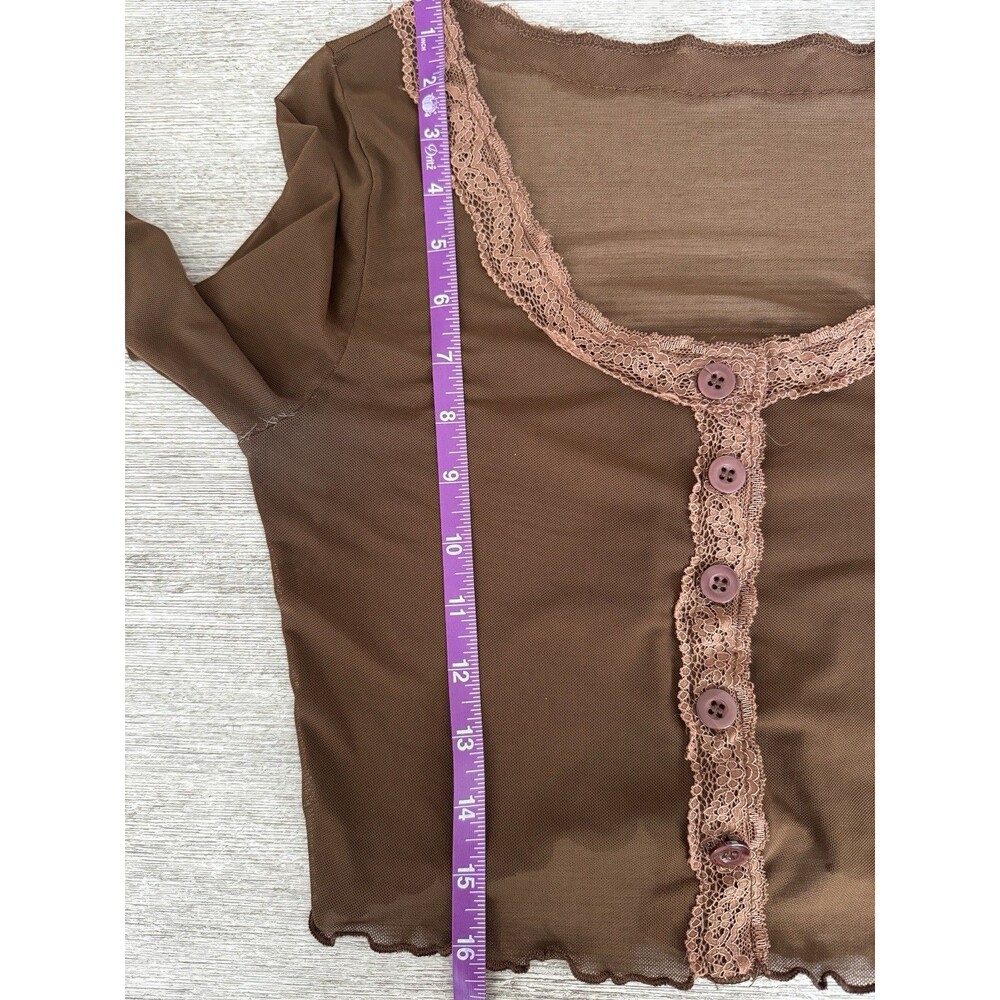 Y2K Brown Sheer Mesh Lace Trim Cropped Button Front Long Sleeve Top M Coquette - Picture 14 of 14